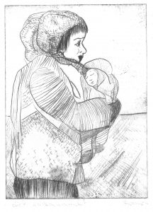Frau mit Baby im Tragetuch